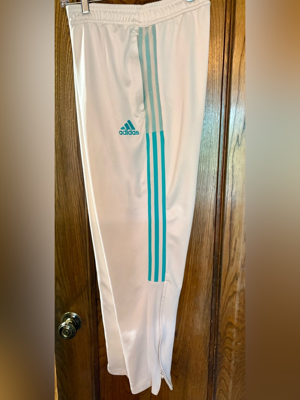 Men's adidas Tiro21 track pants. White with teal stripes.
Smoke/pet free home